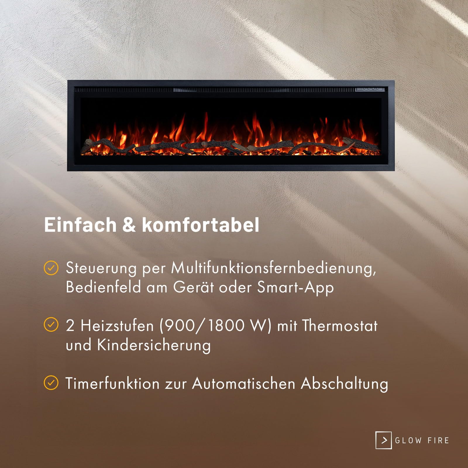 GLOW FIRE Camino elettrico Core 127 con fuoco LED realistico 3D – Camino elettrico da parete con riscaldamento e camino, controllo app, effetto scoppiettante e timer, max. 1800 W, 127 x 35 x 12 cm