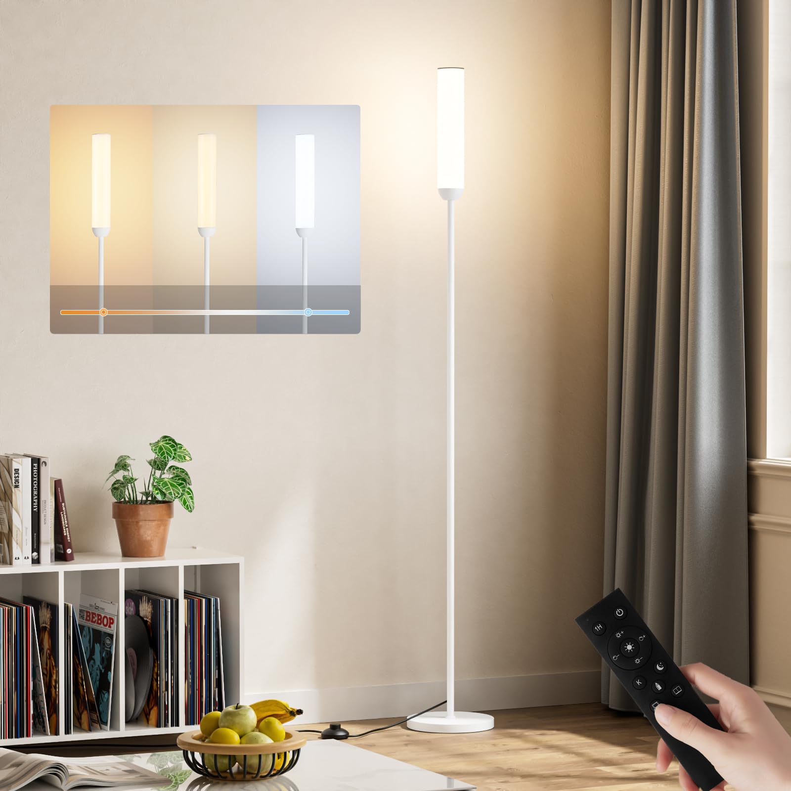 PreeOtti LED Stehlampe Wohnzimmer Dimmbar, Deckenfluter LED Dimmbar, Moderne Standleuchte Wohnzimmer mit Fernbedienung & 5 Farbtemperaturen Stufenlos, Weiß