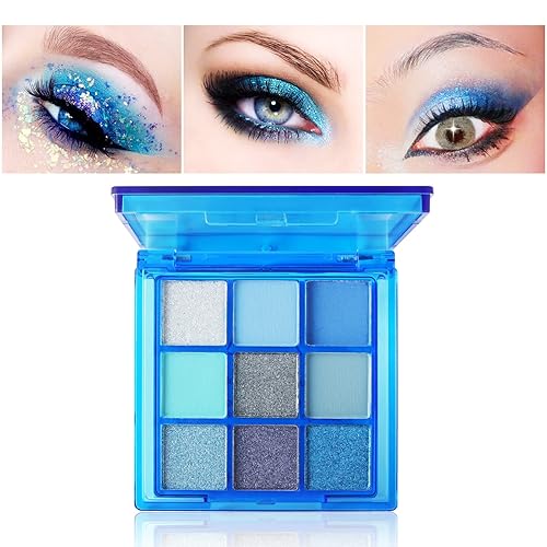 Miniatura 3 de Paleta de sombra de ojos azul, 9 colores, Mardi Gras Carnival prensado pigmento con purpurina, paleta de sombra de ojos impermeable, paleta de