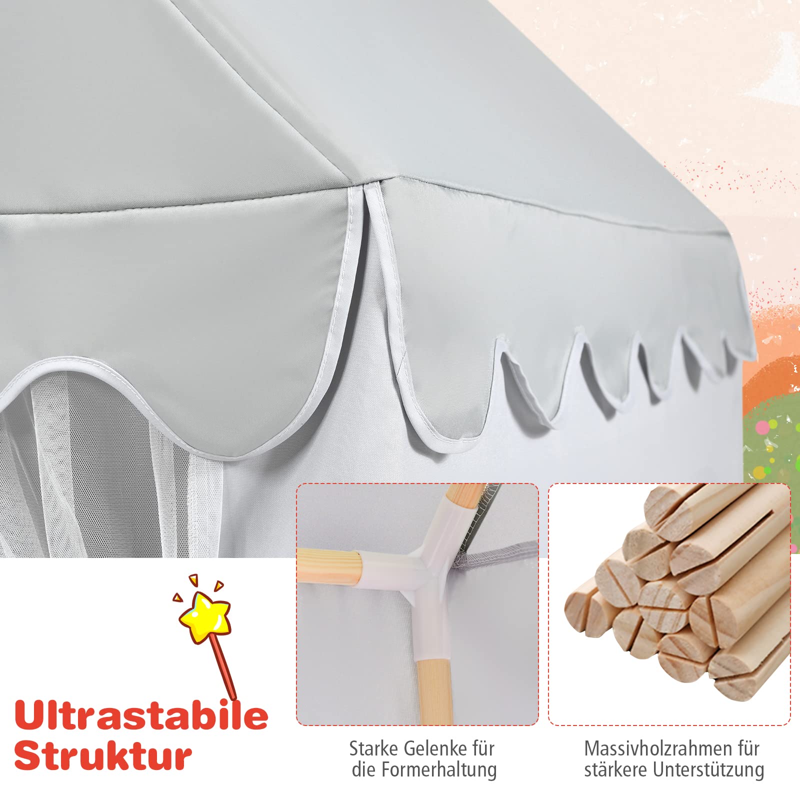 COSTWAY Kinderzelt Indoor, Kinderspielhaus für Jungen Mädchen Prinzess Prinzessin, Kinderspielzelt mit Massivholzrahmen & Baumwolldecke, Kinder Spielhaus für Drinnen, 120x105x140cm (Grau)