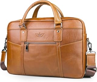 Sacoche Cuir pour Ordinateur Portable 15.6 Pouces - Cartable Homme Porte Document en Cuir Véritable Rétro - Mallette de Voyage Travail Sac à Bandoulière