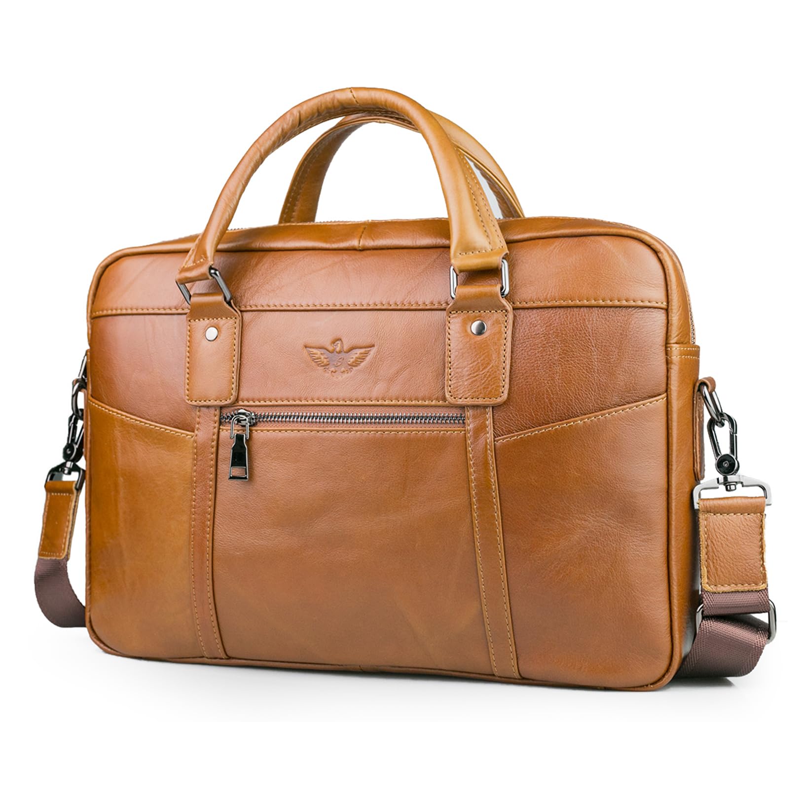 BAGZY Maletin para Ordenador Portátil 15.6 Pulgadas Regalo Hombre Maletín de Cuero Genuino Bolso Hombre Bandolera para Portátil Bolso Mensajero Negocios (Marrón)