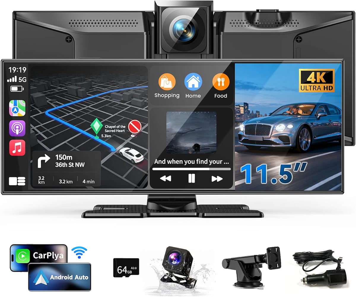 11.5" Wireless Carplay Screen for Car, Portable Apple Carplay & Android Auto Touch Screen, 4K Dash Cam/App Control/Backup Camera/Mirror Link/Voice Control/GPS/Bluetooth,for All Vehicles