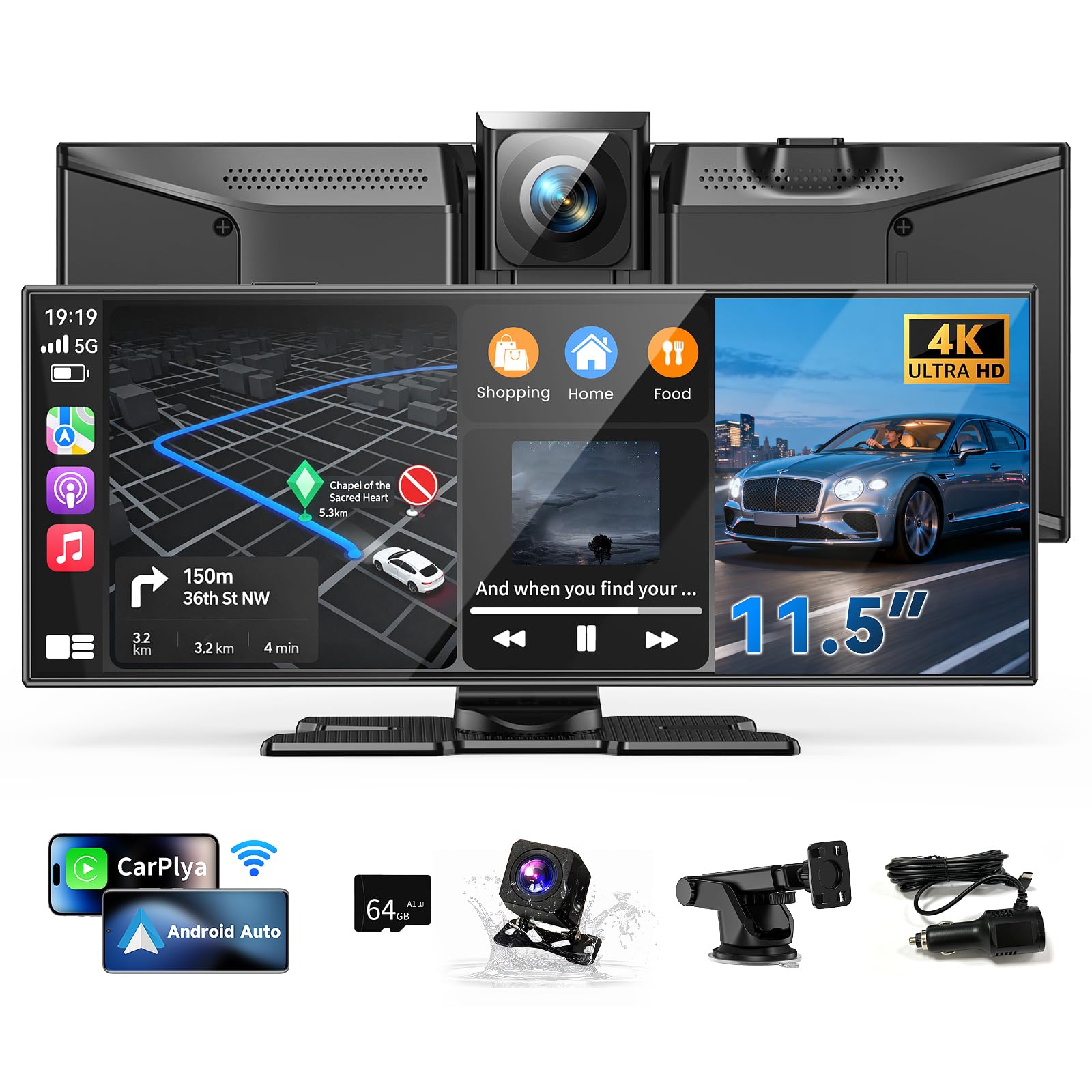 11.5" Wireless Carplay Screen for Car, Portable Apple Carplay & Android Auto Touch Screen, 4K Dash Cam/App Control/Backup Camera/Mirror Link/Voice Control/GPS/Bluetooth,for All Vehicles