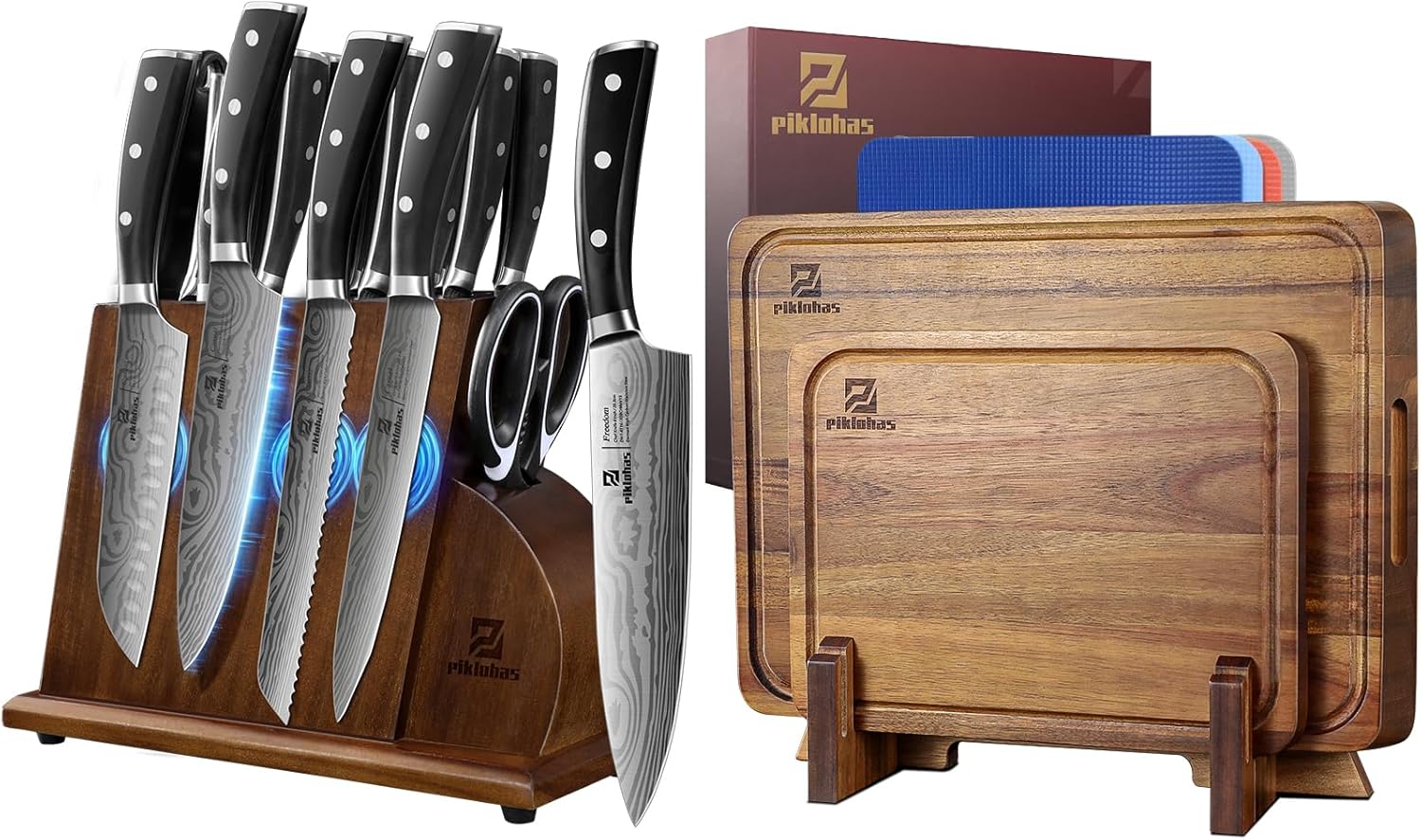 17 Pieces Kitchen Knife Set with Block+7 Pieces Large Wood Cutting Boards