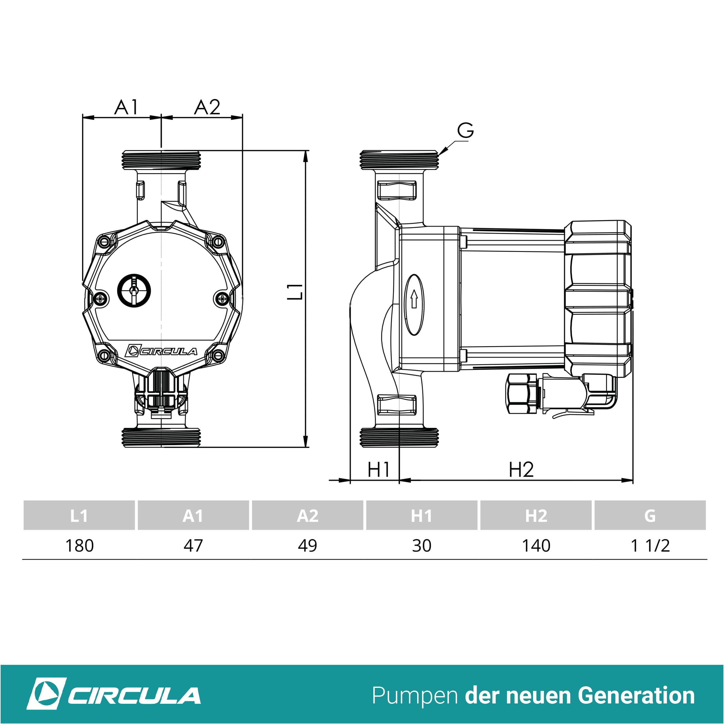 CIRCULA Hocheffizienzpumpe Helio 25-40/180, Robuste Umwälzpumpe und Heizungspumpe, IP 44, Auto-Modus und Stufenloser Drehknopf für Einfachste Bedienung, Spart bis zu 80% an Strom