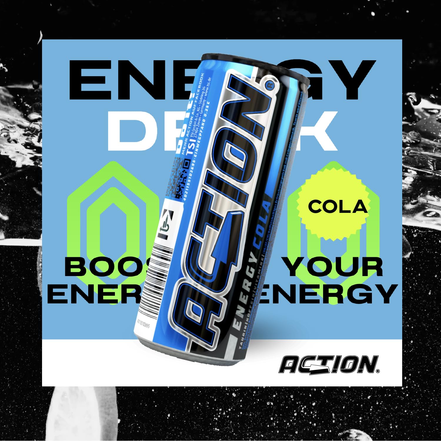 ACTION Energy Drink Cola (48 x 250 ml) con depósito – Bebida refrescante – Energía con mayor contenido de cafeína 32 mg/100 ml de cafeína bebida energética para mejorar el enfoque