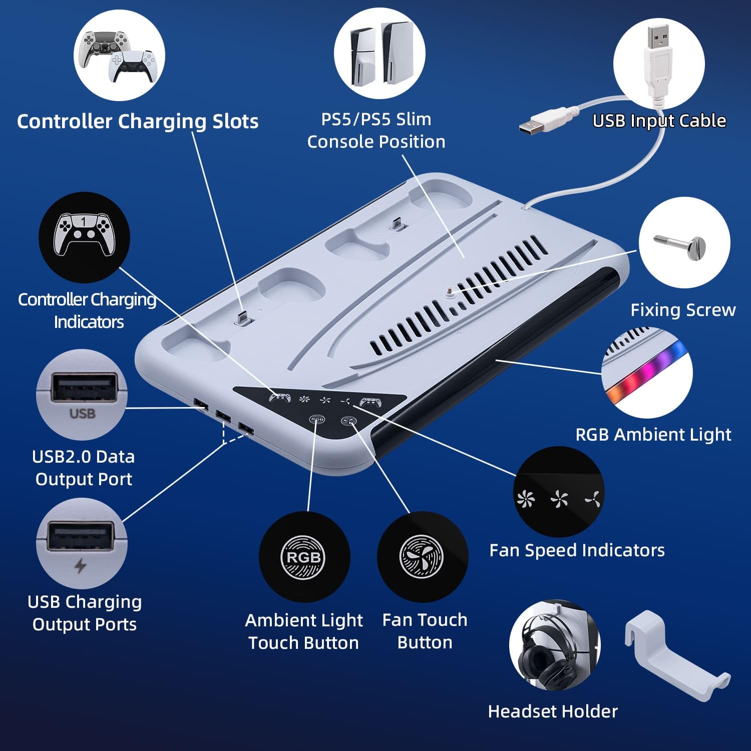 Supporto con ventola per console PS5 Slim/PS5, stazione di ricarica per DualSense/Edge Controller con 9 luci RGB, supporto per cuffie e 3 hub USB per PS5 UHD e Digital-Bianco