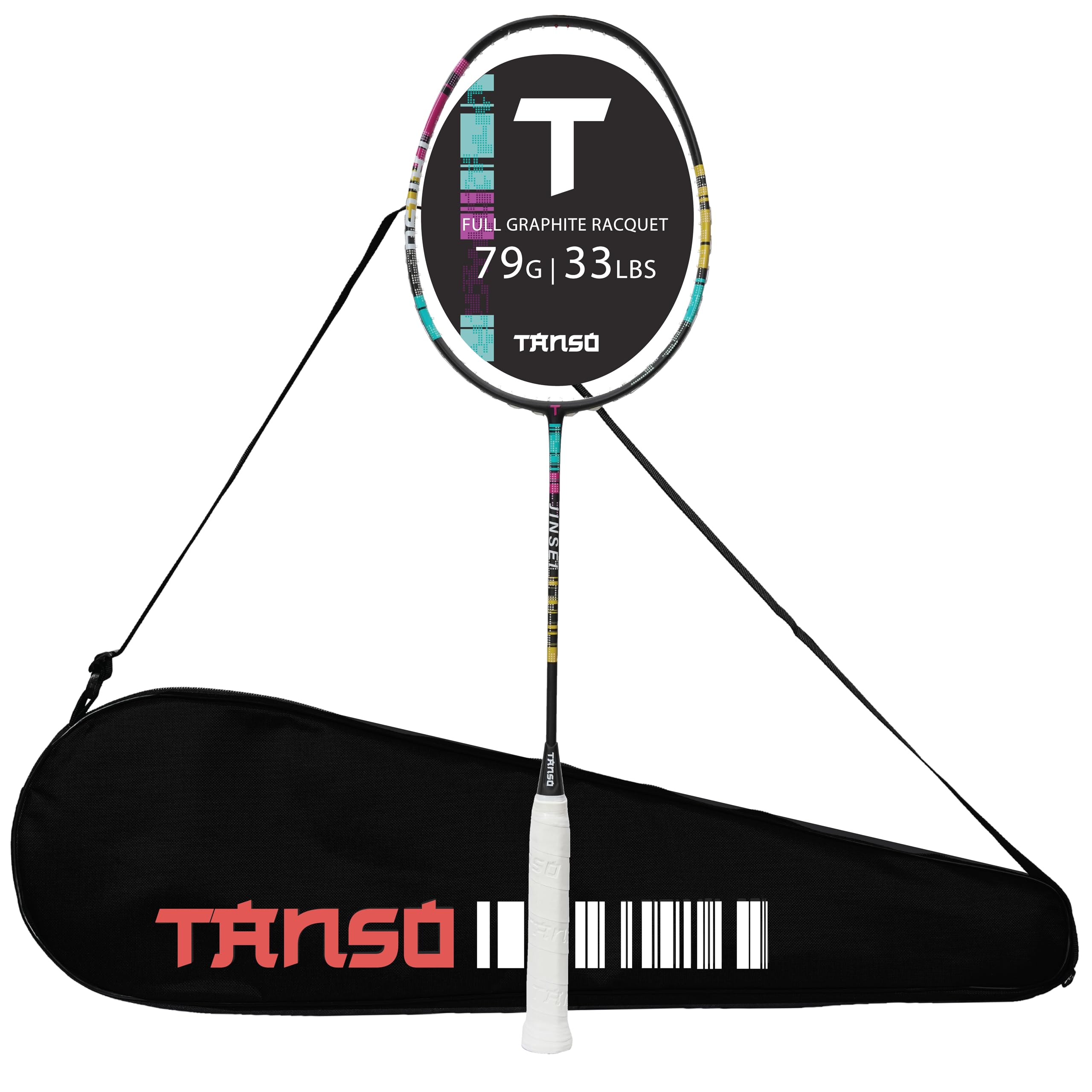 TANSO Jinsei Full Graphite Ultra Light Weight Carbon Fibre Strung Badminton Racket with Free Full Racquet Cover (79 Grams, 33 Lbs Tension, Strung with T65 Premium Strings) (Black) (B0D8ZK6DG2) Amazon Price History, Amazon Price Tracker