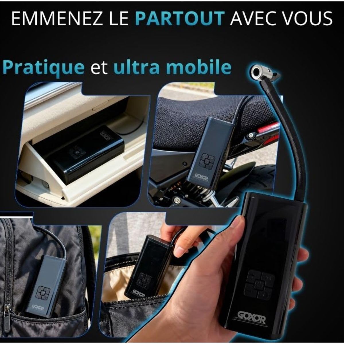 Compresseur à Air Portatif - Gonfleur Pneus Voiture Sans Fil, Kit Complet avec Gants, Batterie Puissante 6000mAh SUV, Moto, Trottinette Electrique,Vélo, Ballon, Gonflage Rapide, Facile D'utilisation