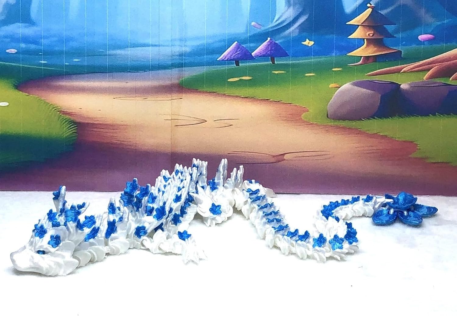 3D Printed Dragon, Articulated White and Blue Cherry Blossom Dragon, Fidget Toy ADHD Autism, Home Office Decor Executive Desk Toy D017-WB-DR