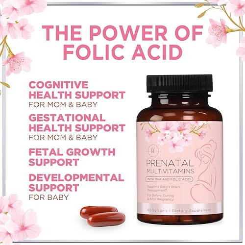 Miniatura 8 de Multivitamínico prenatal con ácido fólico y DHA, suplemento vitamínico prenatal, folato, omega 3, vitaminas D3, B6, B12 y hierro, vitaminas