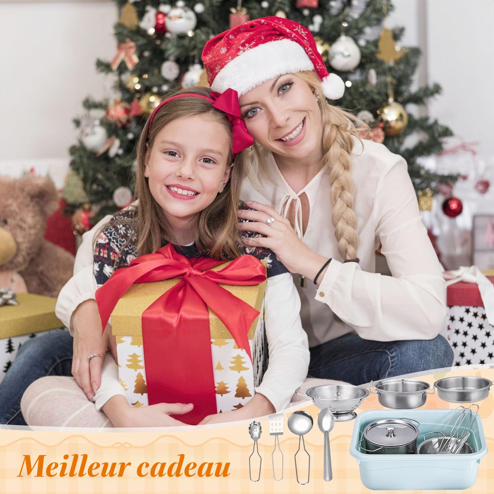 17 Pièces Accessoire Cuisine Enfant, Ensemble de Cuisine pour Enfant, Ustensile Jouet en Acier Inoxydable Bois pour Enfants, pour Garçons et Filles 3-6 Ans