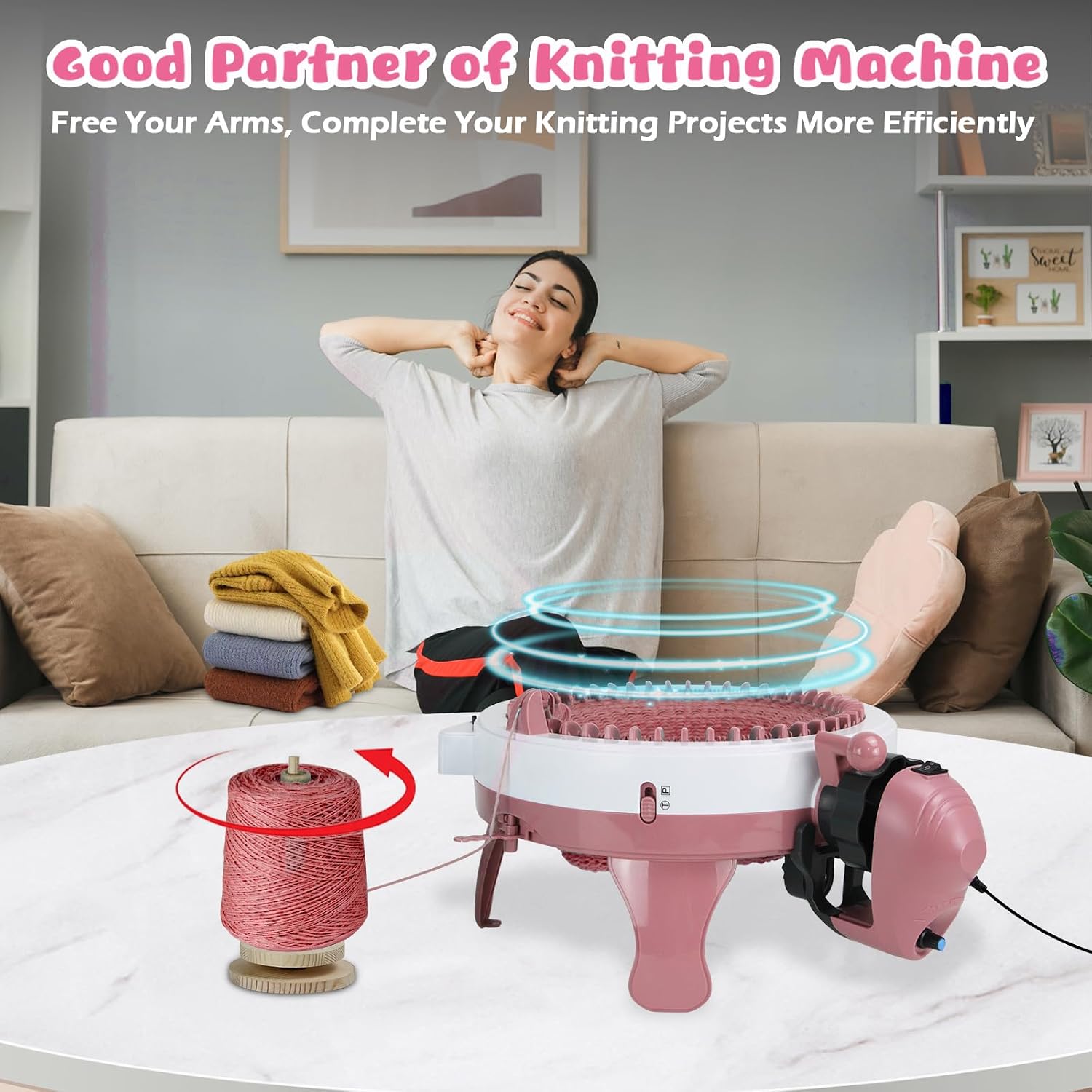 Knitting Machine Adapter with Yarn Holder, Electric Knitting Machines Adapter for Sentro Knitting Machine 40 & 48 Needle, Speed Control & Reverse Knitting (Pink+Yarn Holder)