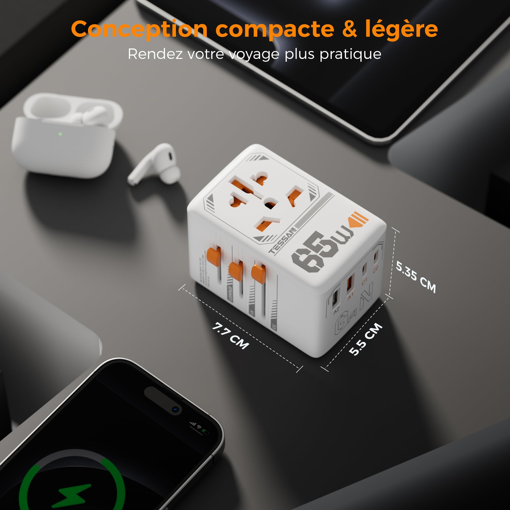 TESSAN Adaptateur Prise Universelle, Charge Rapide 65W GaN