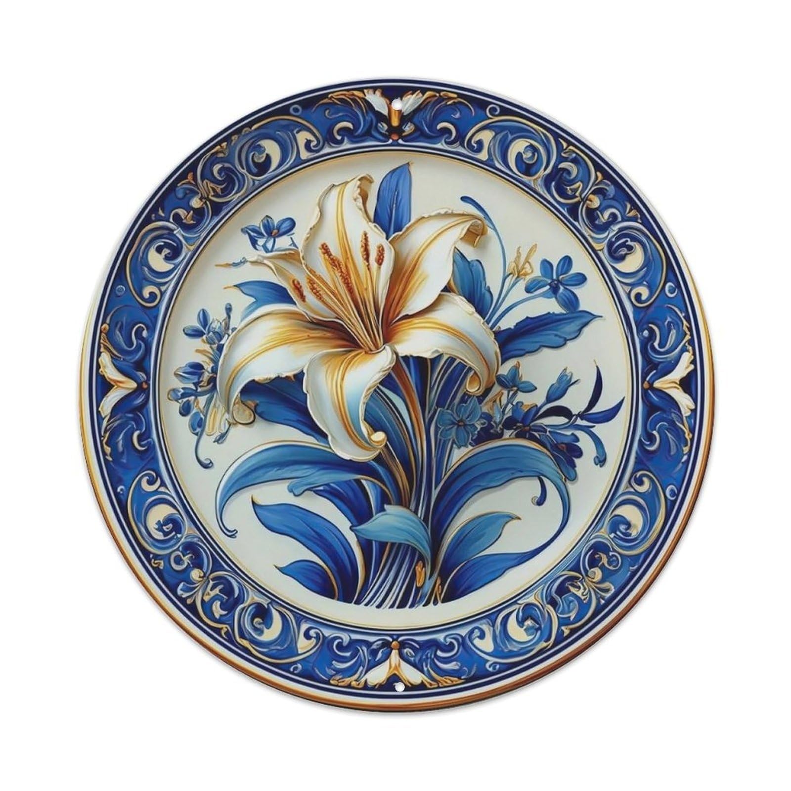 Blue White Gold Floral Pattern Metal Tin Sign