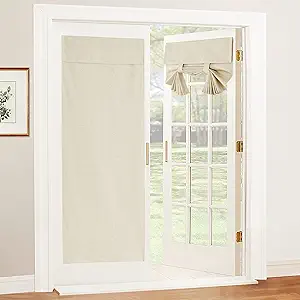 RYB HOME 100% Blackout Tricia Door Curtains, Linen Textured Blend Thermal Insulating Privacy French Door Window Tie Up Shades Living Room Curtains for Kitchen, W 34 x L 69 inches, Beige, 1 Panel
