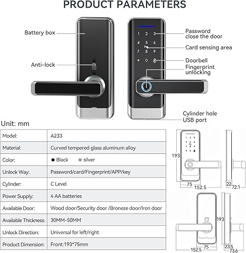 Miniatura 9 de Cerradura de puerta delantera inteligente con manija de palanca, teclado de entrada sin llave, cerrojo de huella dactilar, control de aplicación,