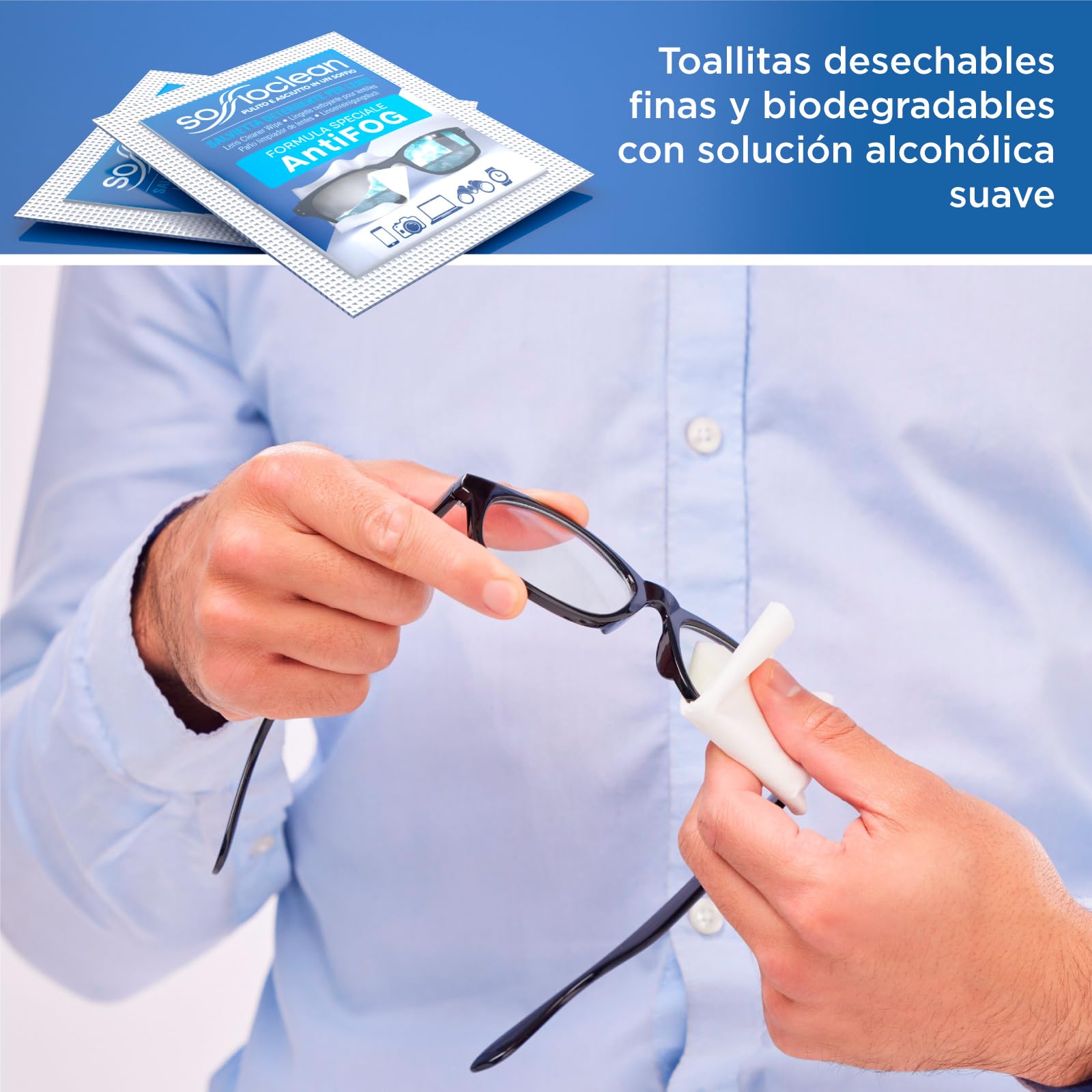 200 Toallitas Limpiadoras para Gafas Anti Vaho Soffioclean - Limpieza de Lentes Gafas Ordenadores y Movil - Desechables Elimina Grasa y Huellas Dactilares