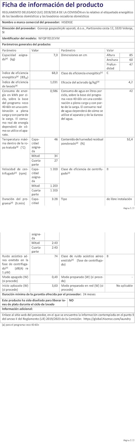 Hisense WFQP7012EVM LAVADORA CARGA FRONTAL 7 KG 1200 RPM C BLANCO Hisense WFQP7012EVM LAVADORA CARGA FRONTAL 7 KG 1200 RPM C BLANCO