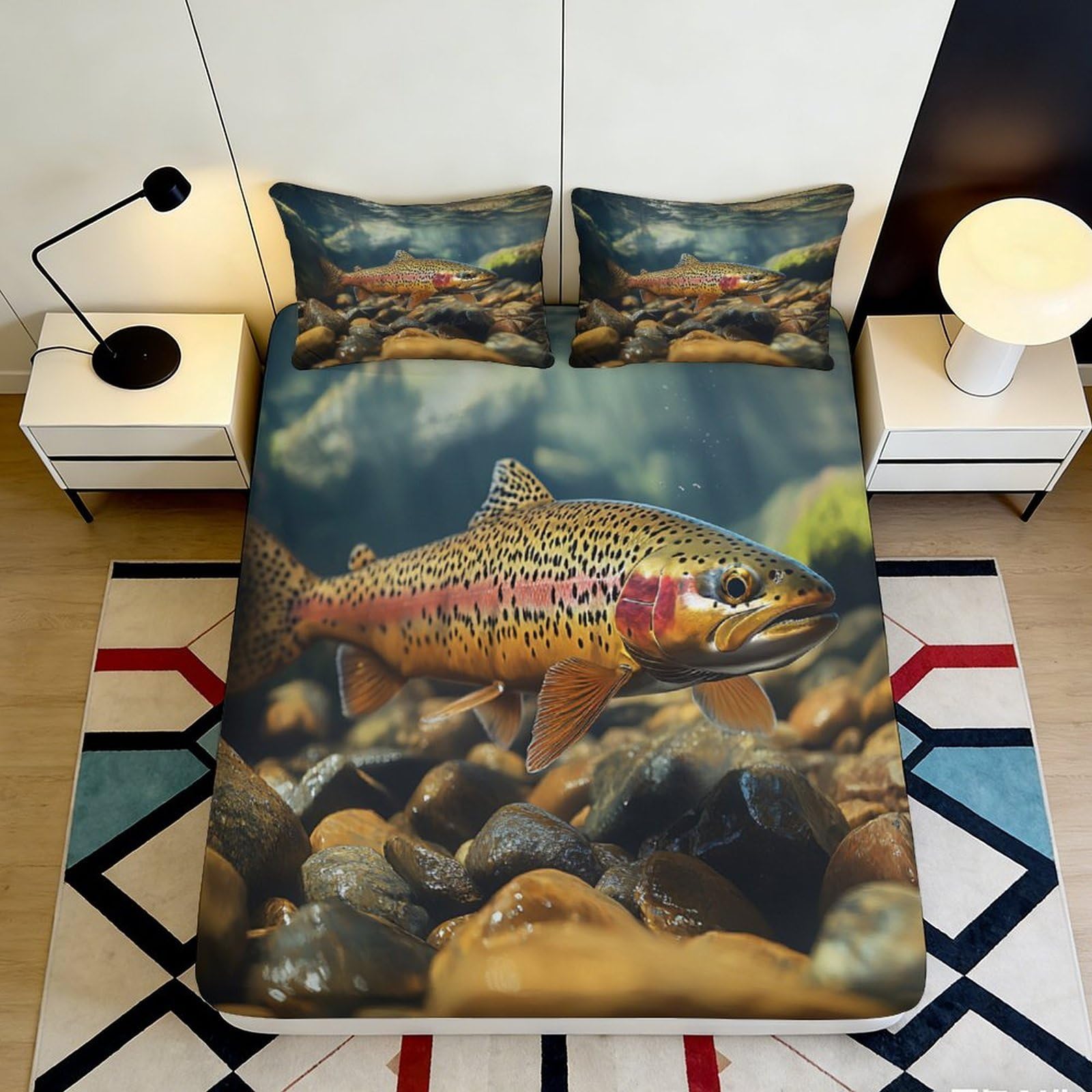 3D Printed Brown Trout Fitted Sheet Microfiber Soft Underwater Stream Bed Cover for Bedroom Dorm Mattress Decor 90x200x25cm