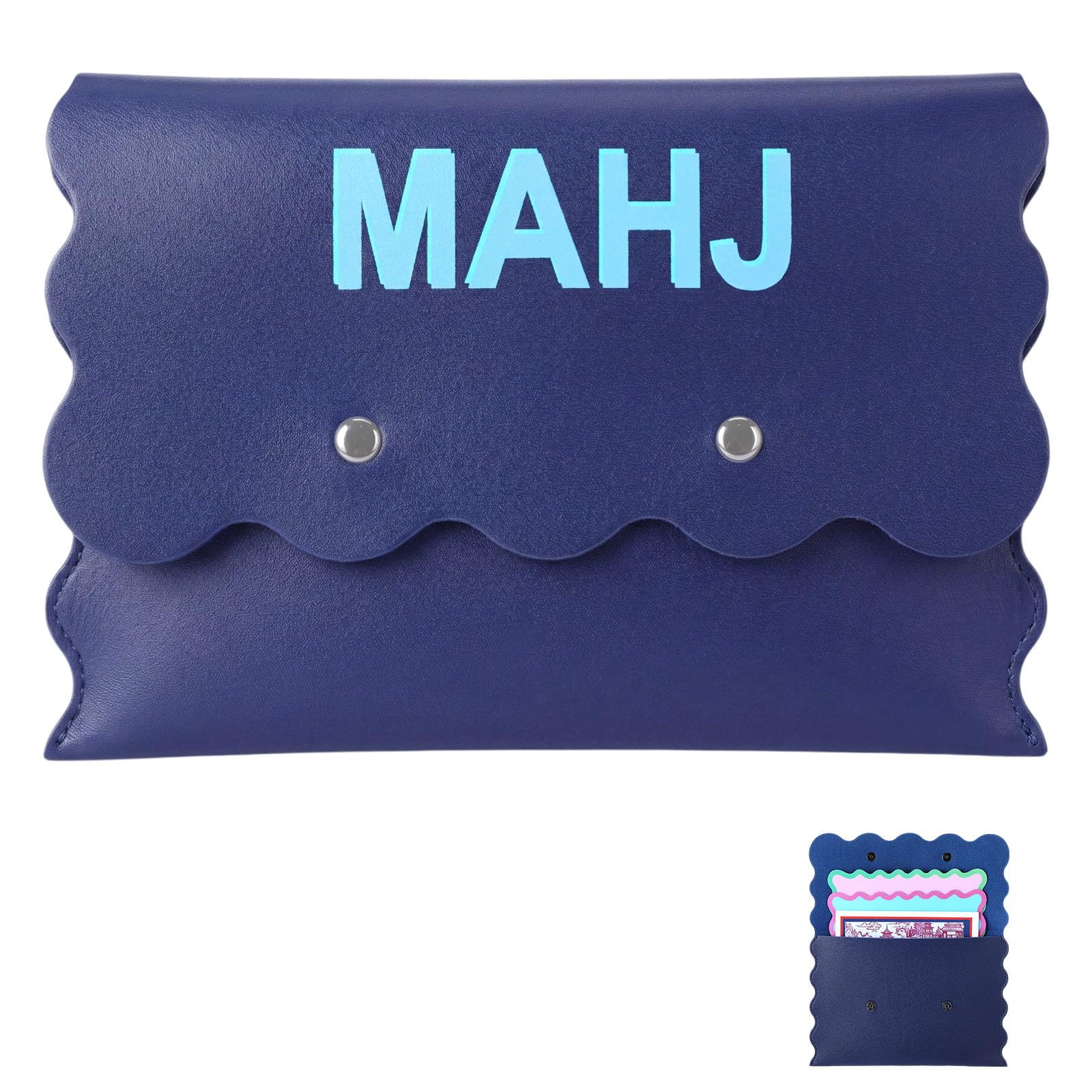 Leather Mahjong Card Holder Gift, Navy Blue, 8x6 Inch, Scalloped