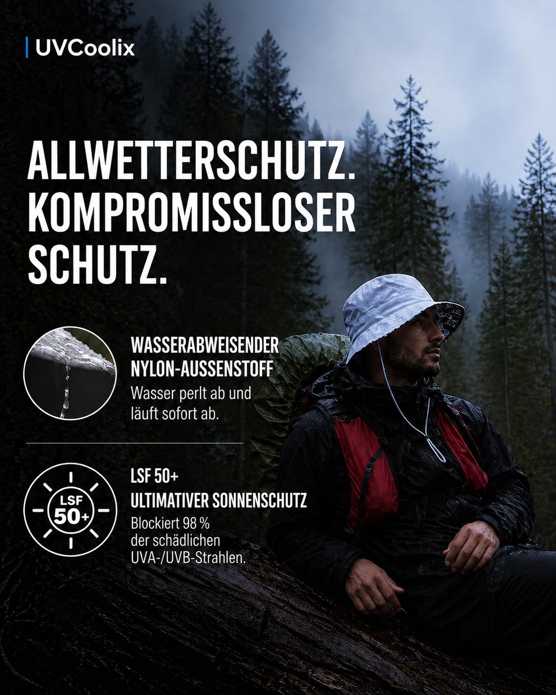 TOP-EX Męski kapelusz przeciwsłoneczny UPF 50+, wodoszczelny, duże rondo, kapelusz outdoorowy z nadrukiem na spodzie ronda, M/L/XL/XXXL