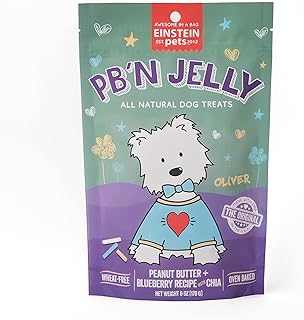Einstein Pets Everydays PB’N Jelly Crunchy Heart Shaped Treats, All Natural Protein Packed Organic Dog and Puppy Baked Biscuit Training Treat, Peanut Butter Blueberry Recipe with CHIA, 6 Ounce Bag