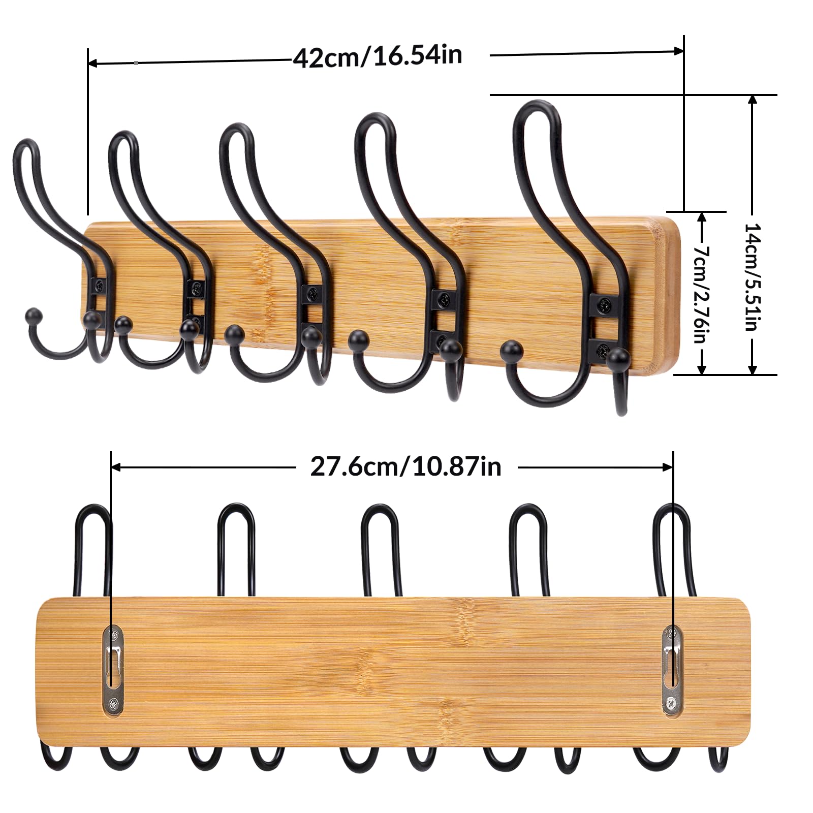 Appendiabiti da Parete, Attaccapanni da Muro Legno 5 Ganci per Cameretta, Ingresso, Cucina, Bagno (Colore Bambù)