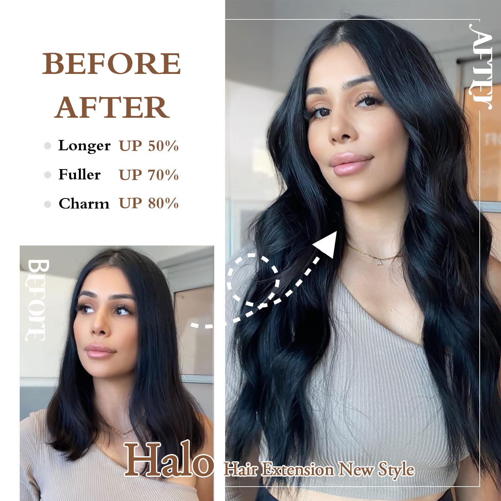 BUPPLER Halo Hair Extensions 20 Inch Invisible Wire Hair Extensions Adjustable Long Wavy Hairpiece Synthetic Upgrade 4 Secure Clips in Hairpieces 20 Inch,Jet Black - Image 3