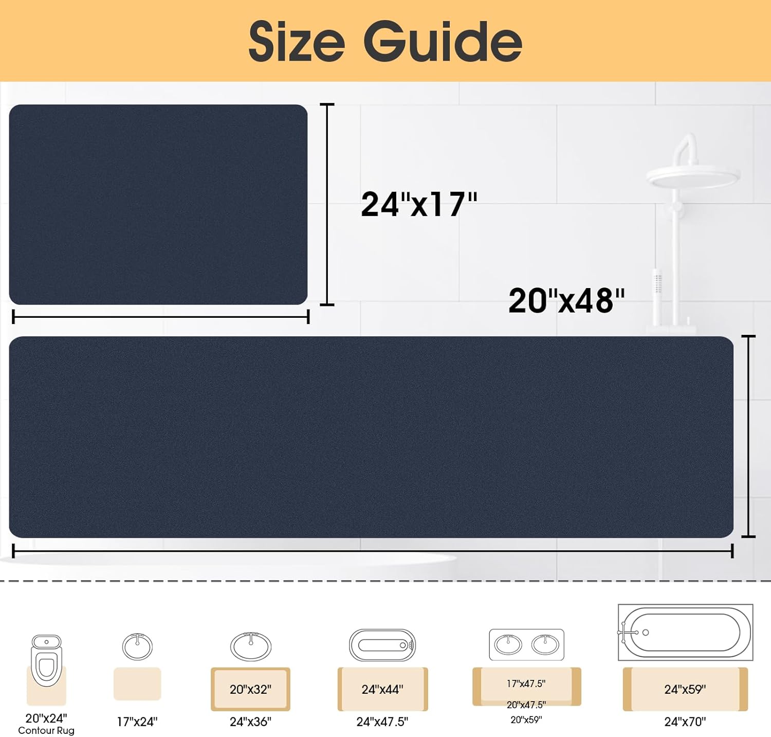 Ultra Thin Bath Mat, Upgrade Backing Non Slip Thin Bath Mats Fit Under Door, Quick Dry Ultra Absorbent Bathroom Rugs, Machine Washable Bath Rugs for Bathroom, Bathtub, Dark Blue/Solid/24"x17"+48"x20" - Image 2