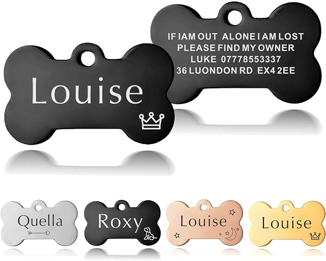 ID Tag Small Large Personalised ID Tag for Pet Dog Doggy Cat Kitten Kitty Puppy Engraved Dog ID Tag (Black Bone)