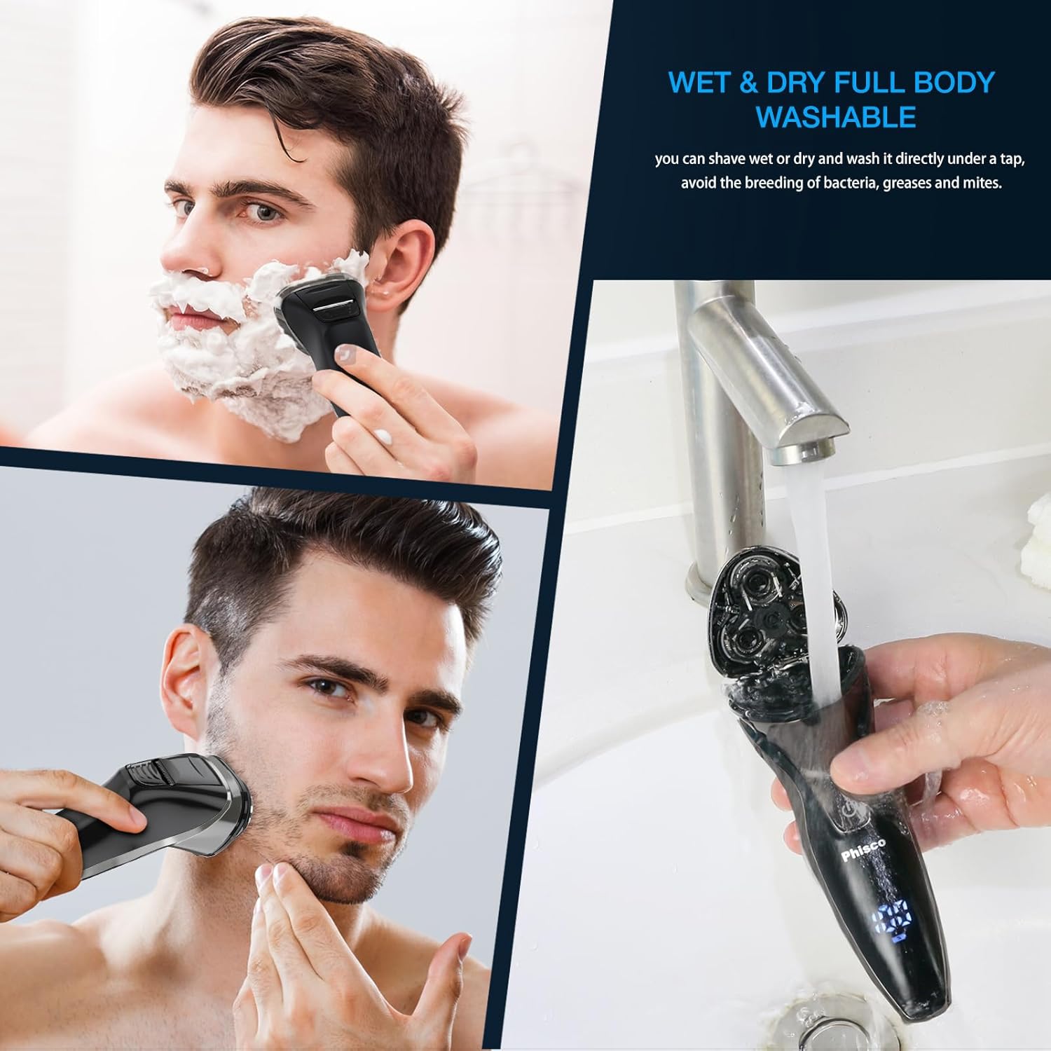 Electric Razor for Men - Phisco Electric Shavers for Man Face, USB Rechargeable, Waterproof Wet Dry Razors with Pop-Up Trimmer, LED Display, Travel Lock