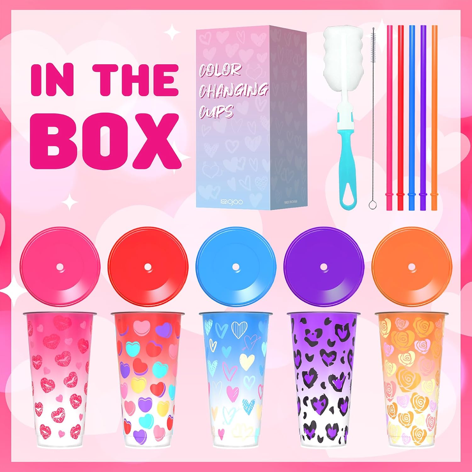 Color Changing Cups, 24 oz Plastic Reusable Tumblers with Lids and Straws for Party and Travel | for Iced Coffee Tea and Smoothie - 5 Pack, Heart Style,Valentine's Day Gift, BPA-free - Image 4