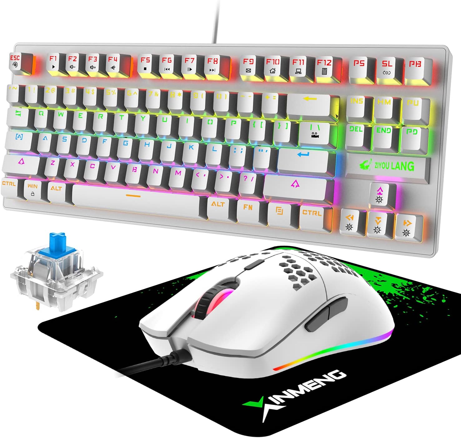 Gaming Keyboard & Mouse, RGB Backlit Keys, with Fastest Linear Opto-Mechanical Switches, Dedicated Multi-Media Keys, 87-Keys Keyboard, 6400dpi Programmable Gaming Mouse, Mice Pad, QWERTY Layout White
