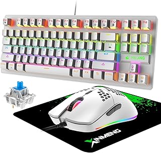 Gaming Keyboard & Mouse, RGB Backlit Keys, with Fastest Linear Opto-Mechanical Switches, Dedicated Multi-Media Keys, 87-Keys Keyboard, 6400dpi Programmable Gaming Mouse, Mice Pad, QWERTY Layout White