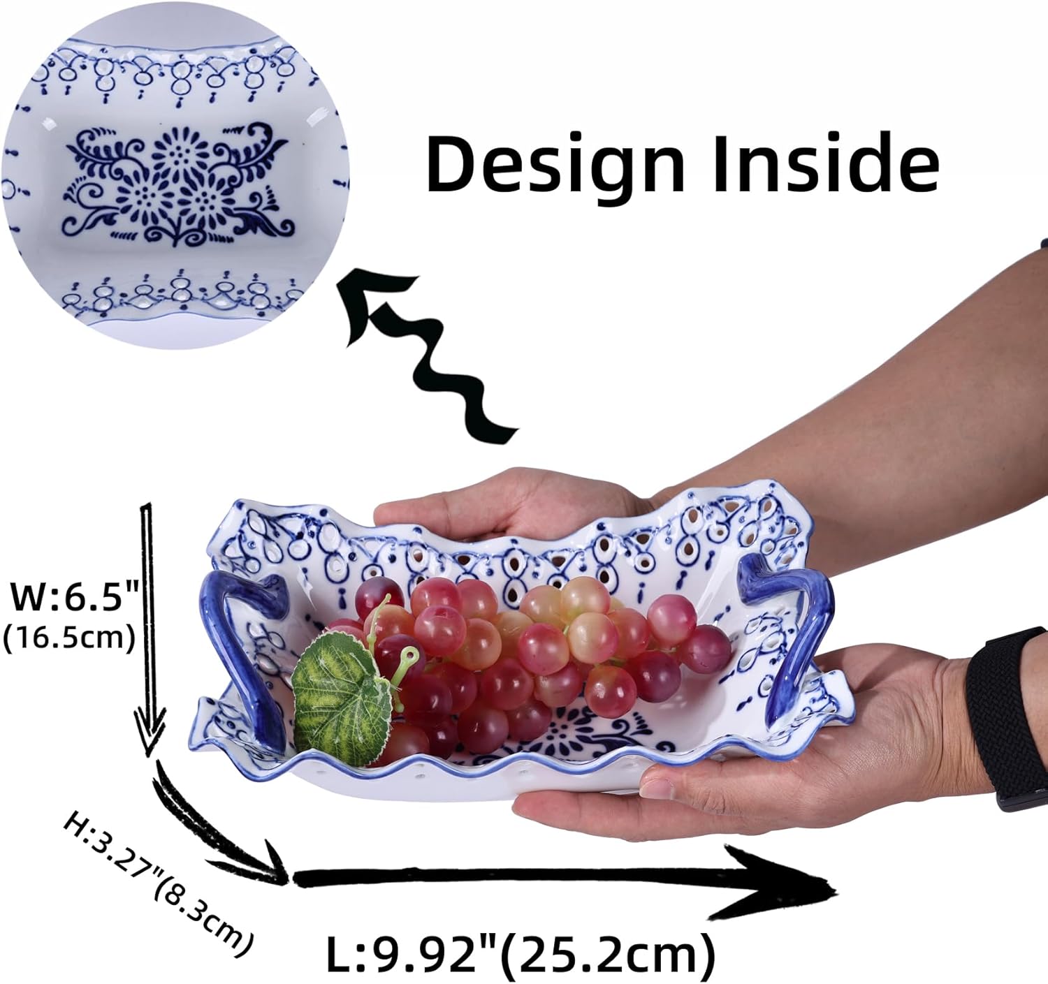 XINGYAN 9.92in Blue and White Ceramic Fruit Bowl with Handles, Chinoiserie Decorative Porcelain Bowl,Serving Bowl for Table Centerpiece, Kitchen Counter Decor (9.92in)