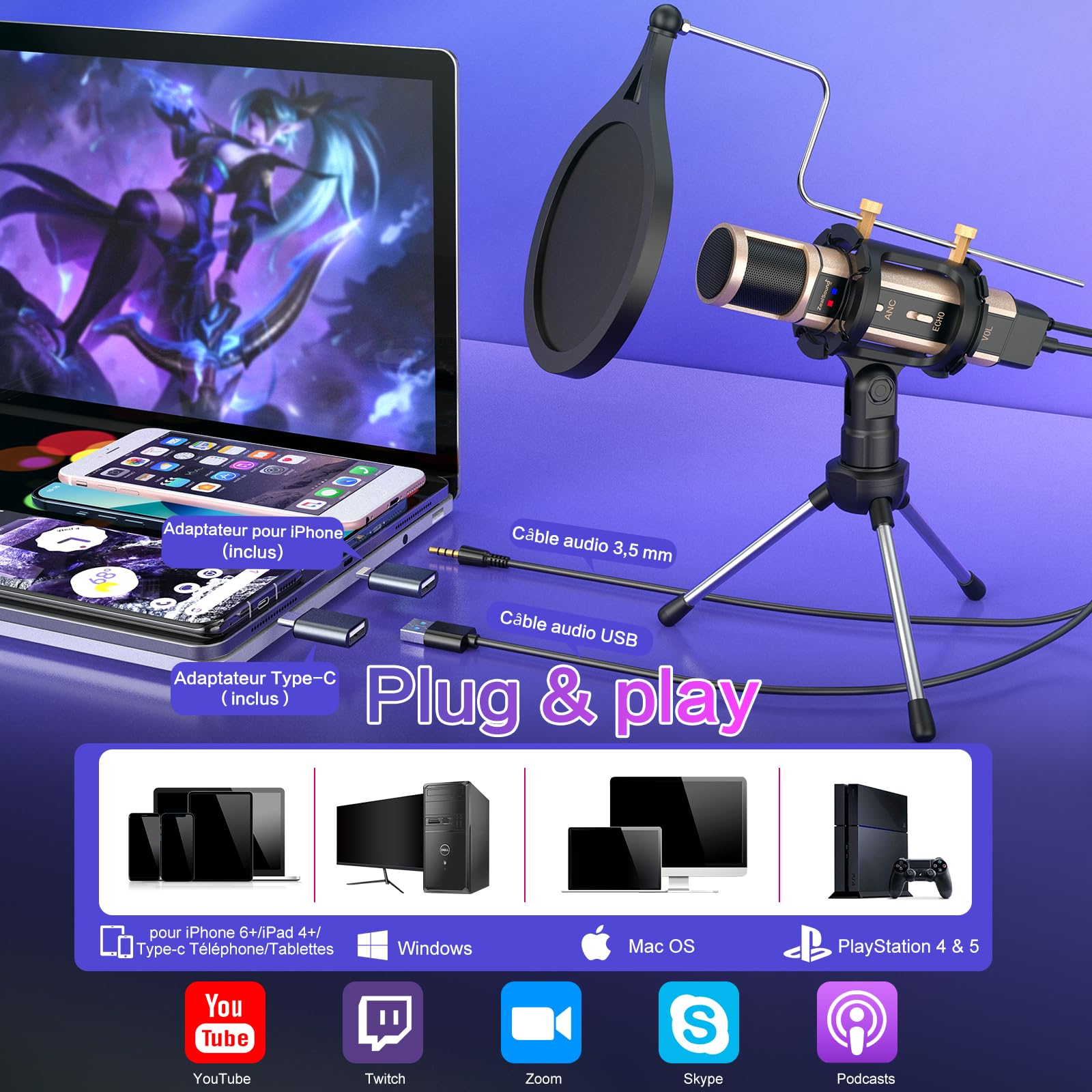ZealSound Micro PC Téléphone,Mini USB Microphone à Condensateur pour iPhone/Mac/Ordinateurs/PS4&5, Micro Cardioïde pour Gamer, Podcast, Doublage Voix, Enregistrement, Youtuber,Créateur de contenu,ASMR