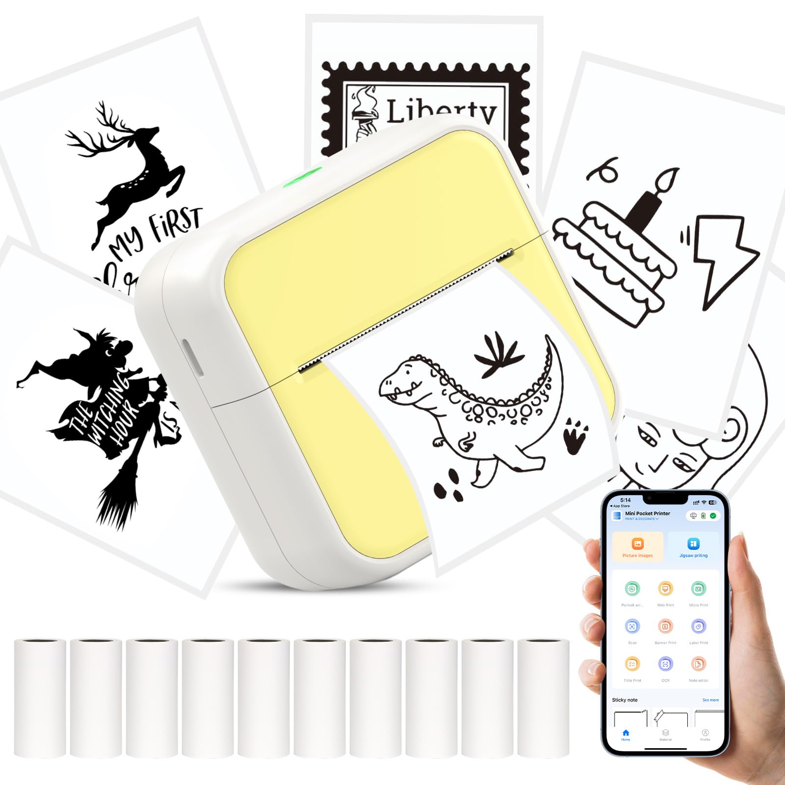 HUIJUTCHEN Mini Pocket Printer for iPhone/Android, Portable Mini Sticker Printer with 10 Rolls Non-Sticky Thermal Papers, Blue-Tooth Thermal Label