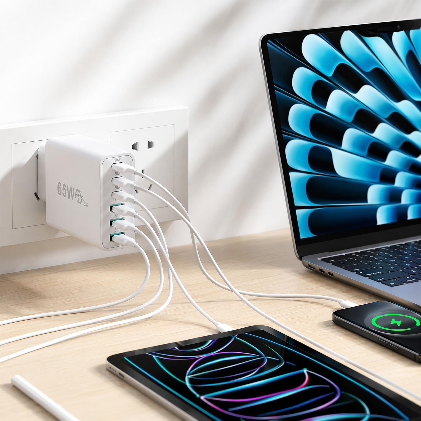 TNSLAND ładowarka USB C 65W, wieloportowe ładowarka USB 6 portów, ładowarka USB C szybka, wielokrotne gniazdo USB C z systemem ochronnym, adapter ładowania do iPhone, Samsung, tablet, laptop, biały