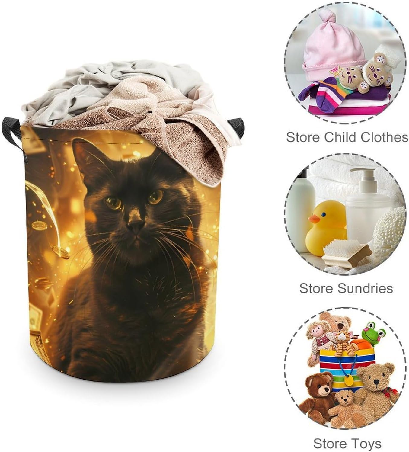 Black Cat Dollar Novelty Collapsible Laundry Baskets Waterproof Clothes Hamper Storage Bins with Handles 13.8"x13.8"x17.3" 17.3"x17.3"x17.3"
