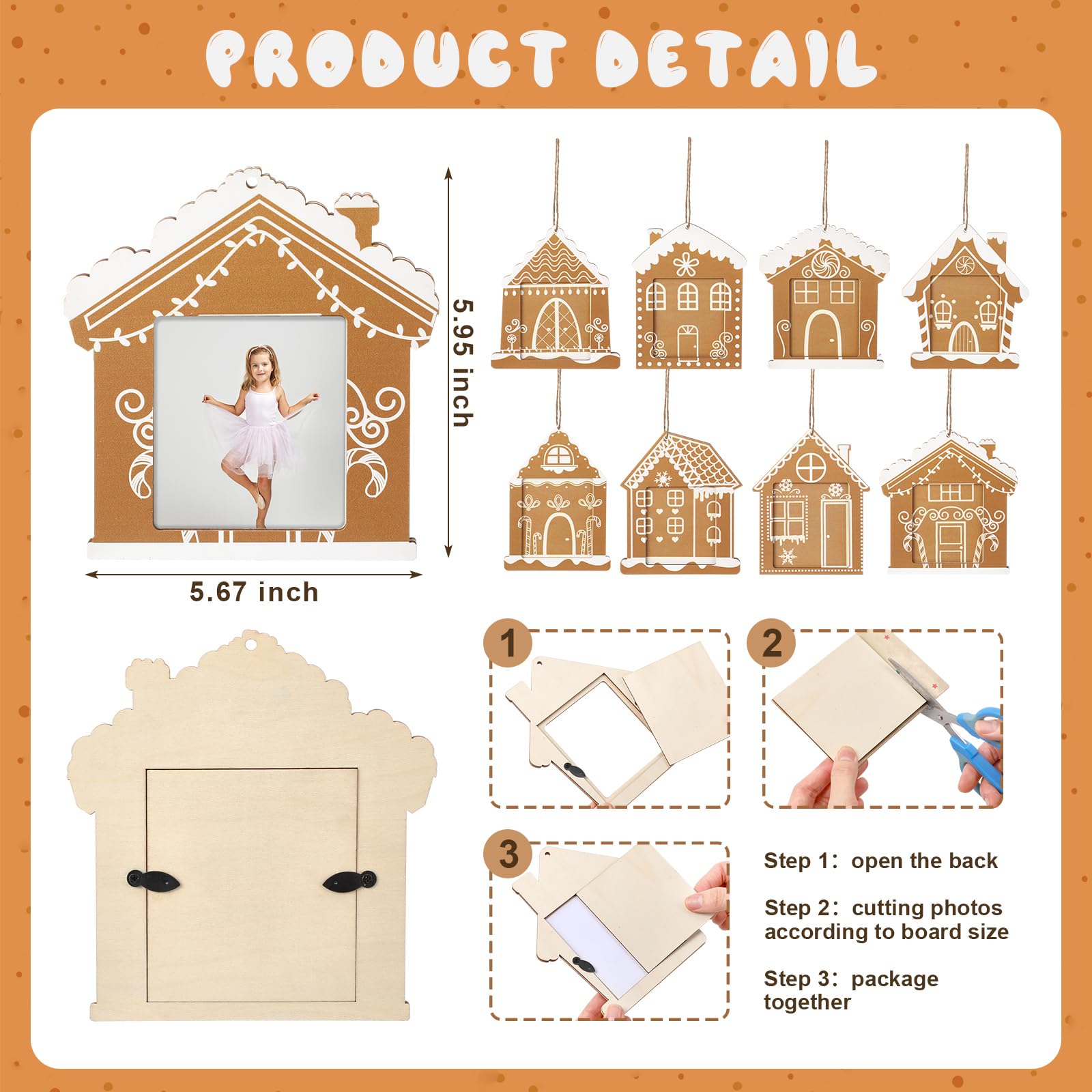 Namalu 8 Pcs Mini Gingerbread House Picture Frame Ornament Wooden Christmas Frame Hanging Ornaments Xmas Photo Frames for DIY Holiday Presents and Tree Decoration - Image 2