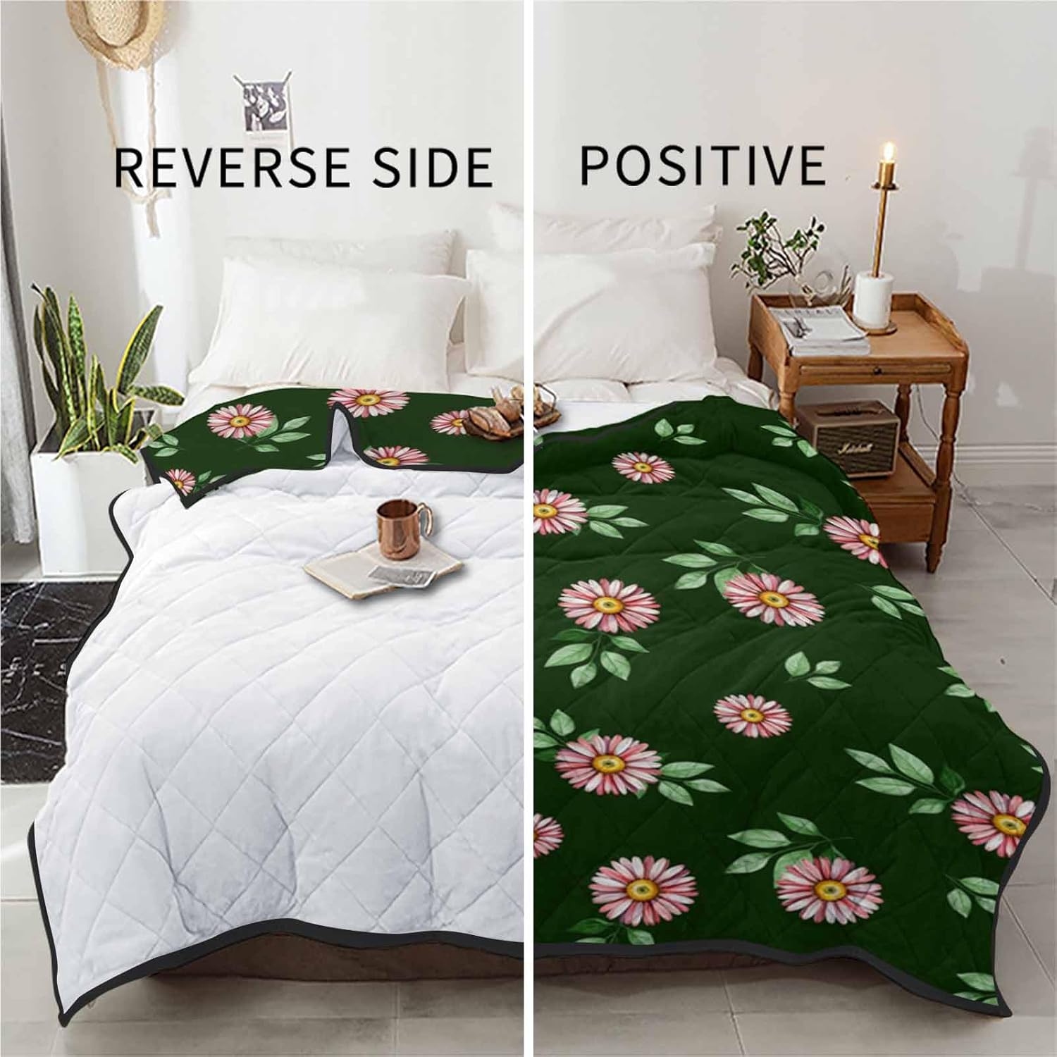 T&H XHome Quilt California King Luxury Quilted Comforter Bedspread-Thin Soft Cozy, Country Rustic Floral Daisy Leaves Dark Green Reversible Stitched Lightweight Quilt Coverlet for All Season