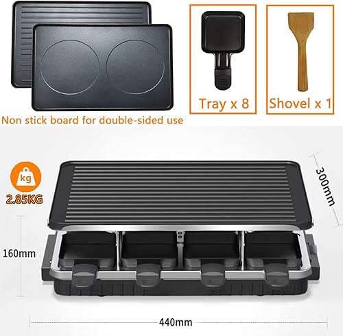 Miniatura 5 de Parrilla de barbacoa coreana 2 en 1, parrilla eléctrica antiadherente Raclette con 8 sartenes de raclette, temperatura ajustable de 1300 W,