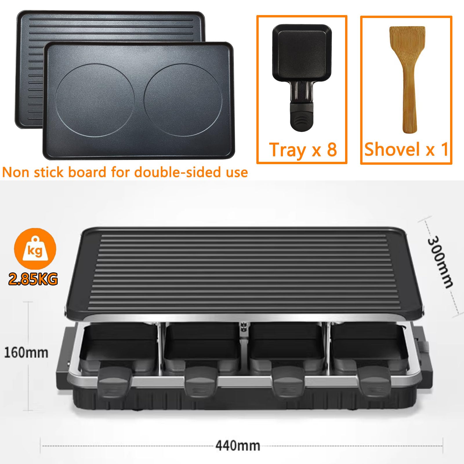 Parrilla de barbacoa coreana 2 en 1, parrilla eléctrica antiadherente Raclette con 8 sartenes de raclette, temperatura ajustable de 1300 W, reversible, sin humo para fiestas familiares en interiores 5