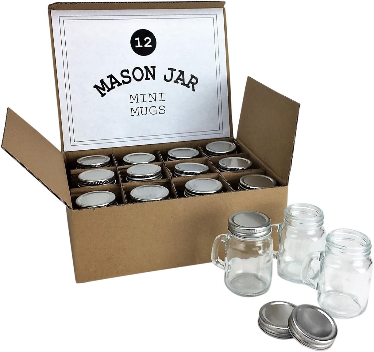 Mini Mason Jar 4 Ounce Mugs (Not Full Size) - Set of 12 Miniature Glasses With Handles And Leak-Proof Lids - Great For Gifts, Drinks, Favors, Candles And Crafts