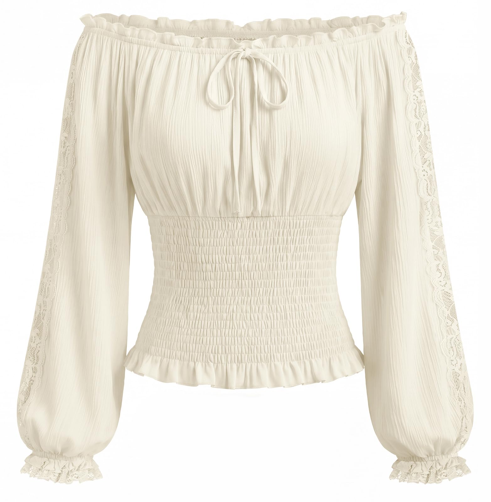 SCARLET DARKNESS Renaissance Lantern Sleeve Bardot Trim Lace Smocked Blouse