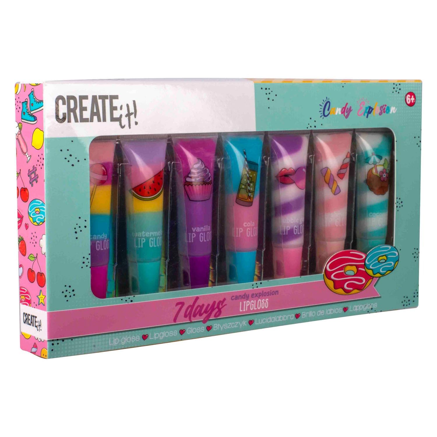 Create It! Set di lucidalabbra Candy Swirl in 7 colori e gusti per il trucco delle labbra.