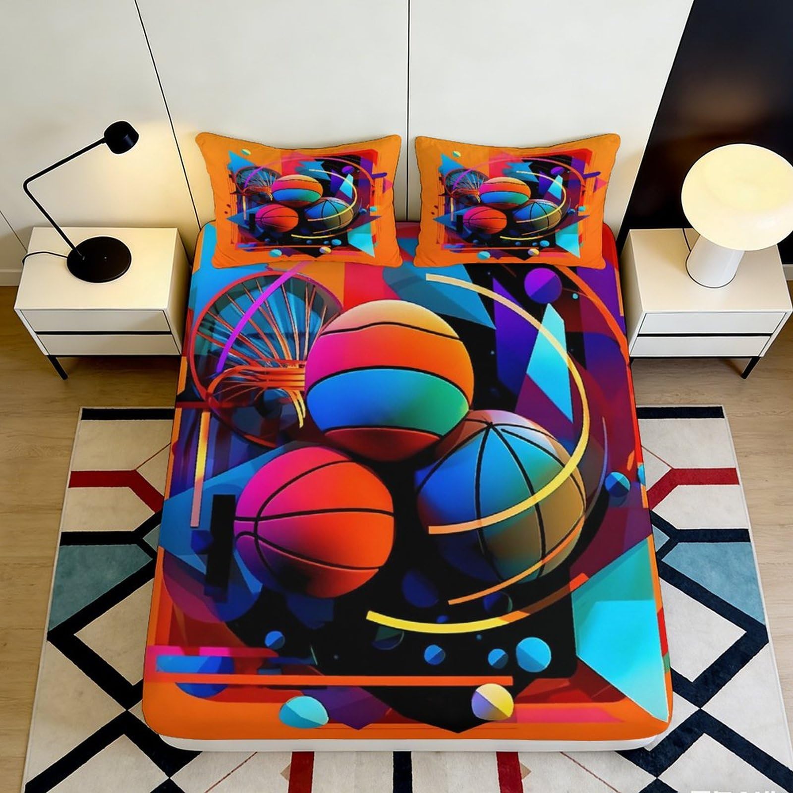 3D Printed Basketball Graffiti Fitted Sheet Microfiber Vibrant Sports Bed Cover for Bedroom Dorm Mattress Protection 90x200x25cm