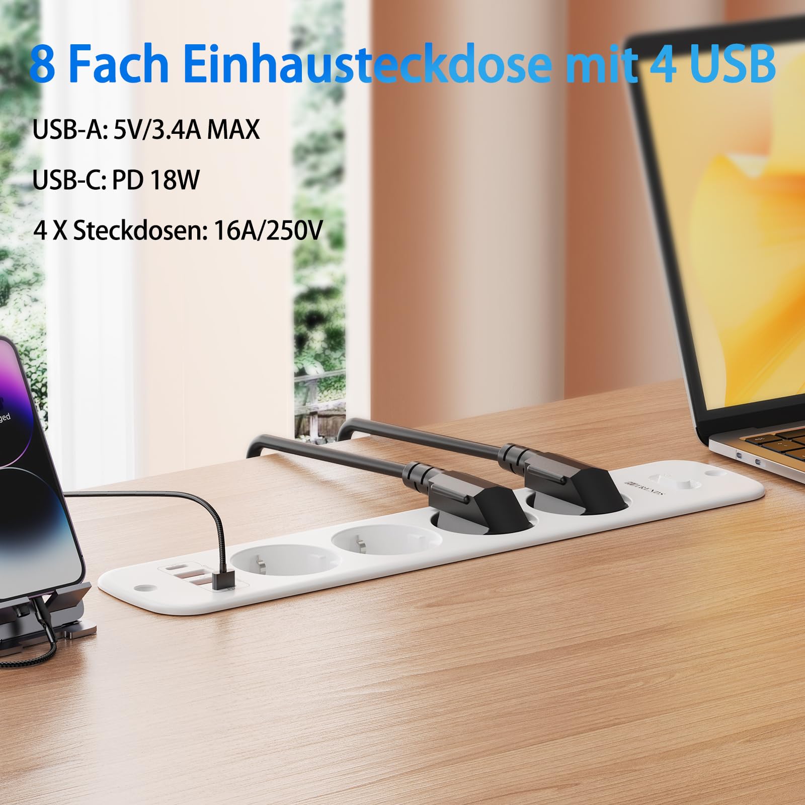 Blat wysuwane gniazdko z 2 USB A i 2 typy C, listwa zasilająca do zabudowy, listwa zasilająca 8 gniazd z kablem spiralnym 2 m, gniazdko stołowe z przełącznikiem do blatu stołu - białe